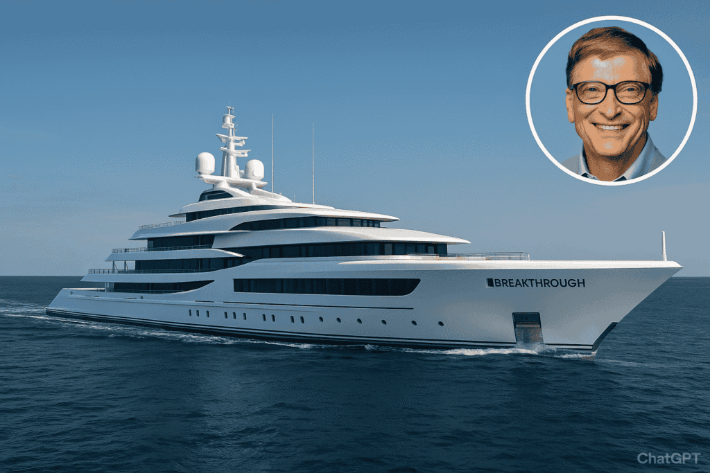 Bill Gates’ $645 million hydrogen-powered superyacht Breakthrough with a tiny circular portrait of Bill Gates smiling at the corner